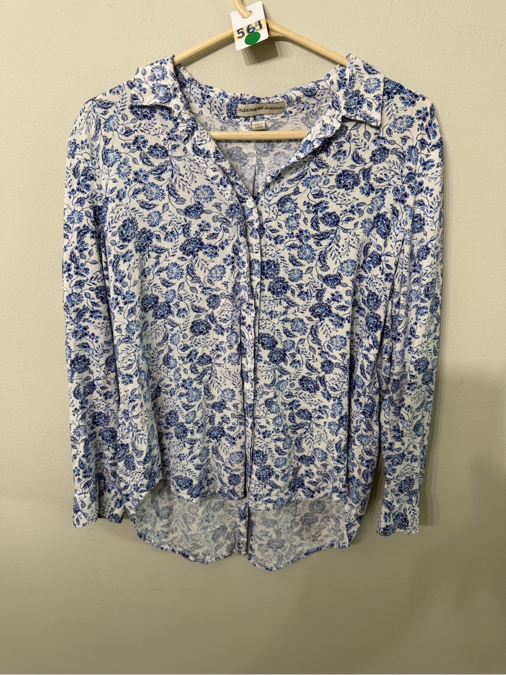 Alexander Jordan Size Large Blue Floral Button-Down Blouse - White/Blue